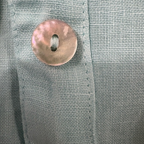 100%linen aqua blue ruffle button up tunic. 3/4 sleeve,  split hem. - Picture 4 of 16